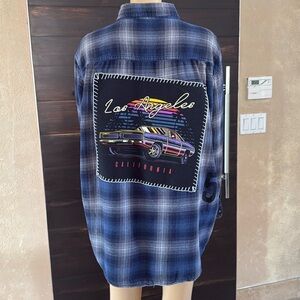 Upcycled Faded Glory (LA Lowrider) Blue Flannel Plaid Button Up Shacket Size XL